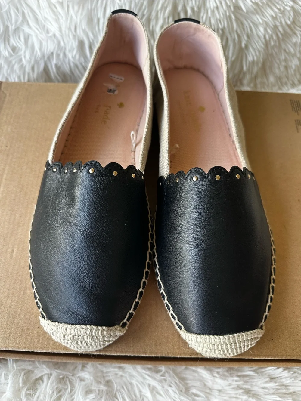 Kate Spade Gardenia Women’s Black Leather Tan Espadrille Flats Size: 6.5
